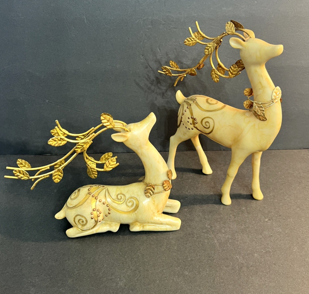 Vintage Gold Embossed Marbled Resin Stag Deer Figurines w/ Antlers Set of 2